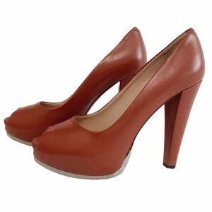 Hugo BOSS COGNAC BROWN LEATHER PEEP TOE HIGH HEELS - 38